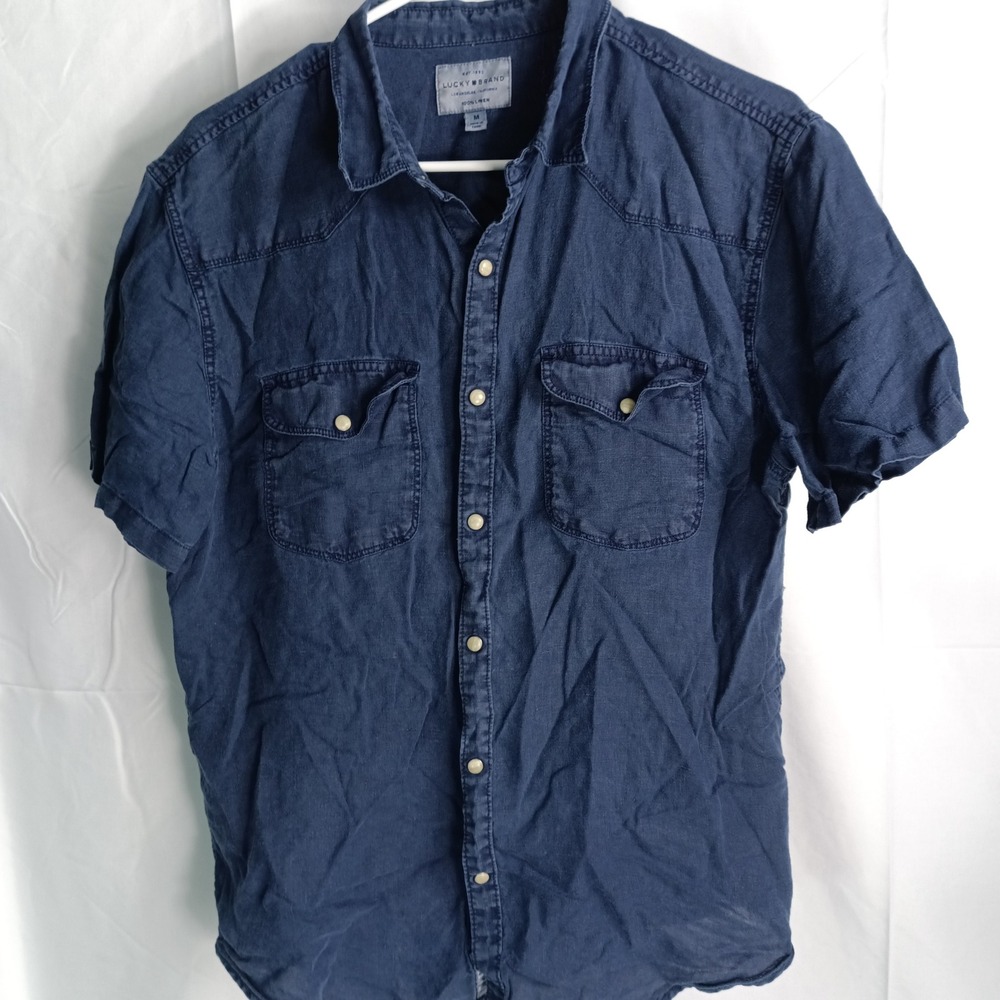 Lucky Brand Mens Blue 100% Linen Western Short Sleeve Button Up Shirt Size M